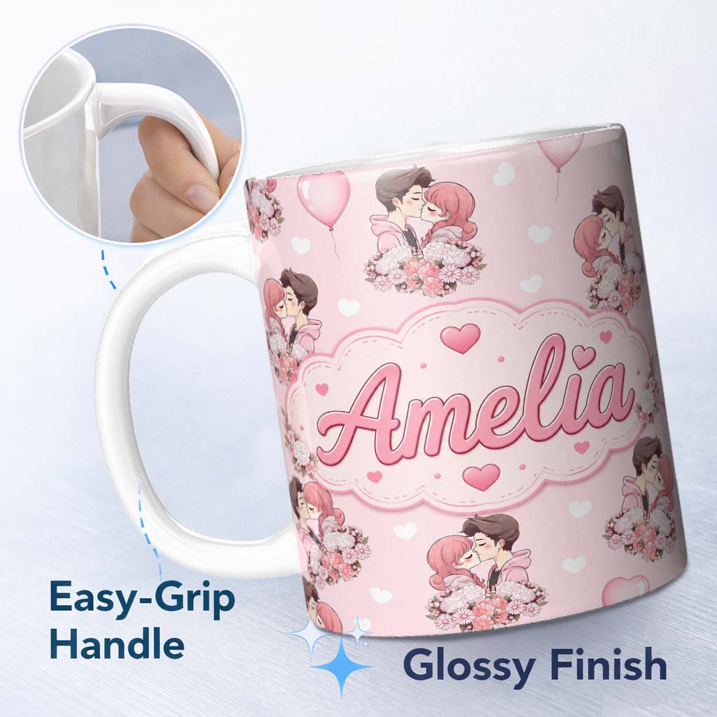 Personalized Custom Name Cute Valentines Couple Kissing Floral Hearts Balloon Light Pink 11oz Ceramic Coffee Tea Mug White Large Handle