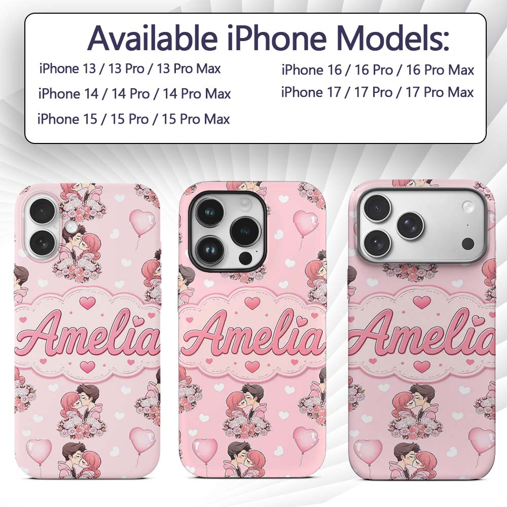 Cute Valentines Couple Kissing Floral Hearts Custom Name Protective Phone Case Mobile Cover Durable Everyday Smartphone Shock Resistant