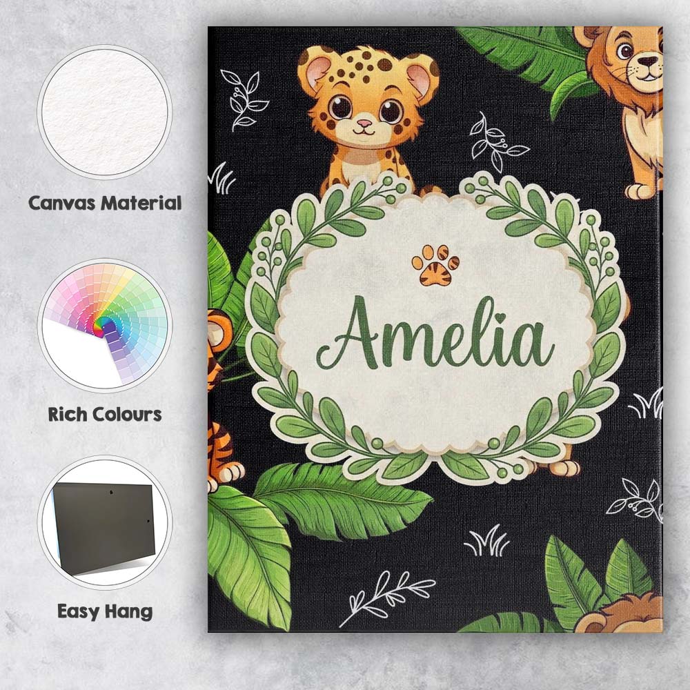 Personalised Name Cute Jungle Animals Dark Background Seamless Custom Modern Room Accent Canvas Wall Art Print Decor Picture Ready to Hang
