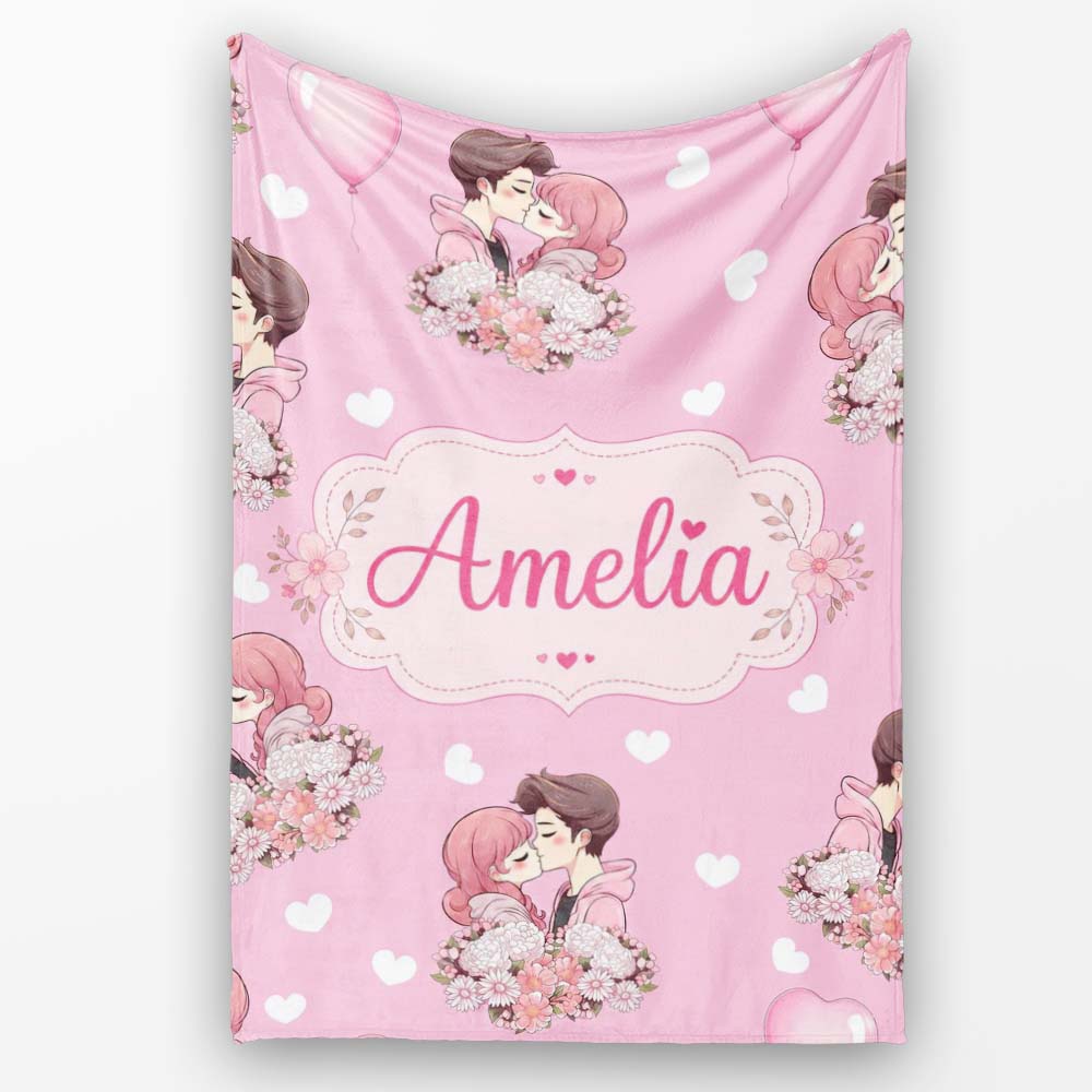 Cute Valentines Couple Kissing Floral Hearts Balloon Soft Pink Personalised Custom Name Super Soft Fleece Blanket Bed Sofa Throw