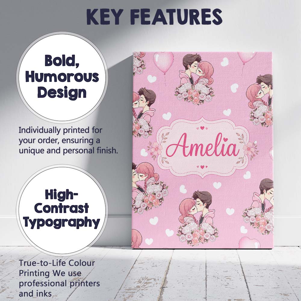Personalised Name Cute Valentines Couple Custom Unique Gift Idea Elegant Feature Canvas Wall Art Print Decor Picture Ready to Hang