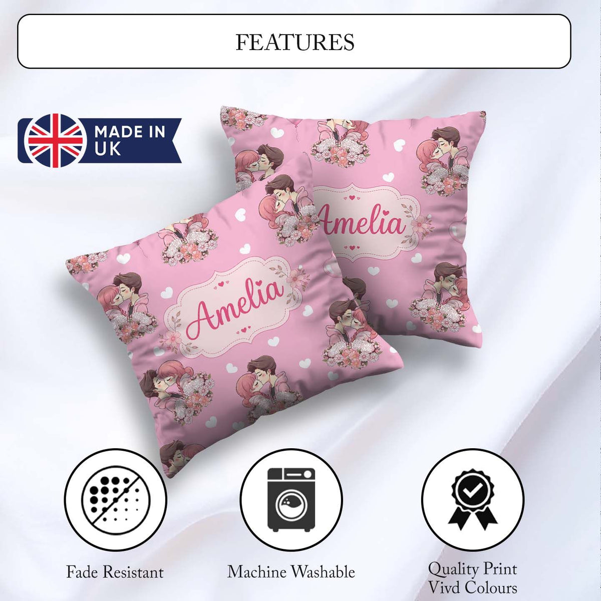Custom Name Cute Couple Kissing Floral Hearts Balloon Soft Pink Square Filled Cushion Throw Pillow Sofa Bed Home Decor Zip Washable UK Made