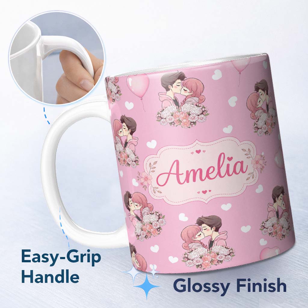 Personalized Custom Name Cute Valentines Couple Kissing Floral Hearts Balloon Soft Pink 11oz Ceramic Coffee Tea Mug White Large Handle
