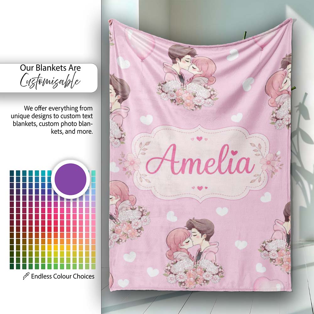 Cute Valentines Couple Kissing Floral Hearts Balloon Soft Pink Personalised Custom Name Super Soft Fleece Blanket Bed Sofa Throw