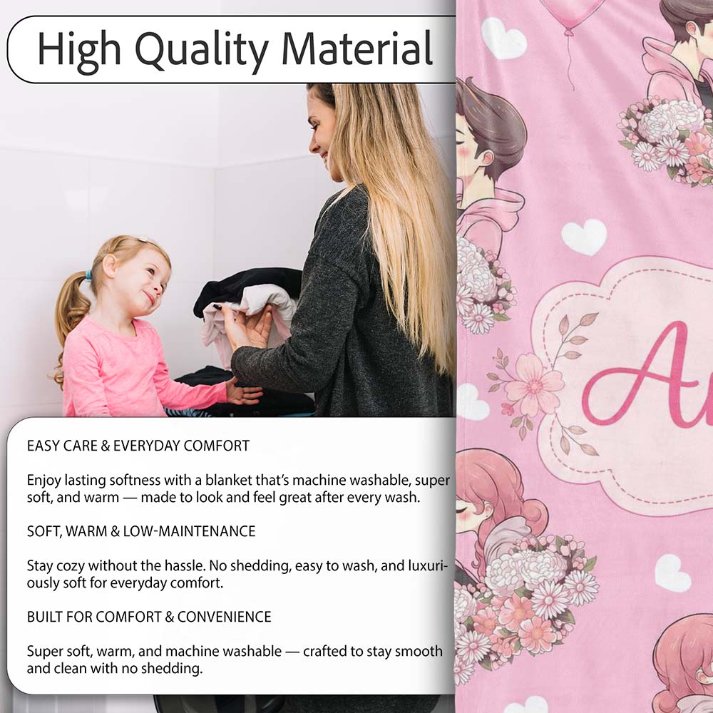 Cute Valentines Couple Kissing Floral Hearts Balloon Soft Pink Personalised Custom Name Super Soft Fleece Blanket Bed Sofa Throw