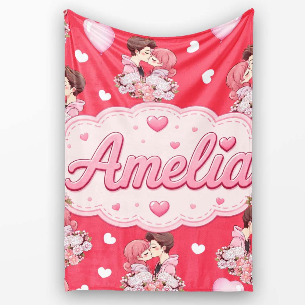 Cute Valentines Couple Kissing Floral Hearts Balloon Red Background Personalised Custom Name Super Soft Fleece Blanket Bed Sofa Throw