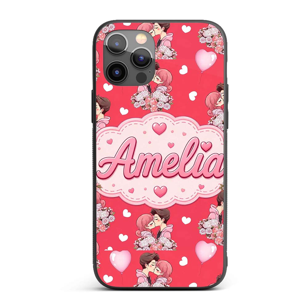 Cute Valentines Couple Kissing Floral Hearts Custom Name Protective Phone Case Mobile Cover Durable Everyday Smartphone Shock Resistant