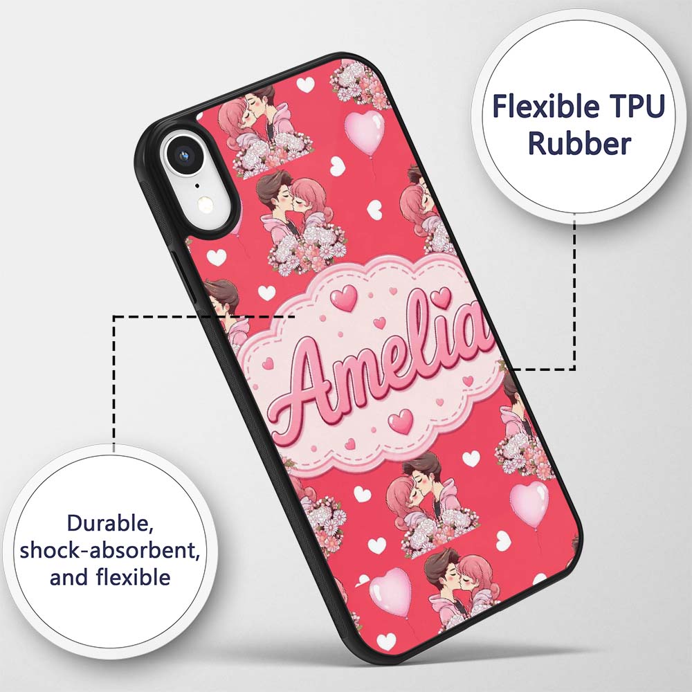 Cute Valentines Couple Kissing Floral Hearts Custom Name Protective Phone Case Mobile Cover Durable Everyday Smartphone Shock Resistant