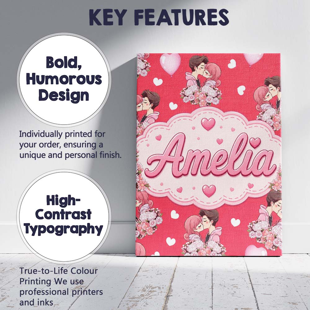 Personalised Name Cute Valentines Couple Custom Unique Gift Idea Elegant Feature Canvas Wall Art Print Decor Picture Ready to Hang