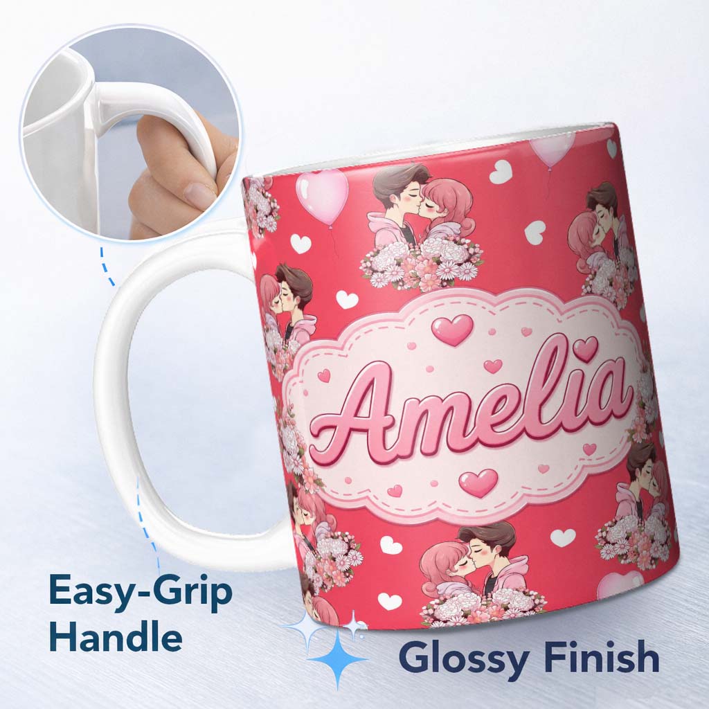 Personalized Custom Name Cute Valentines Couple Kissing Floral Hearts Balloon Red Background 11oz Ceramic Coffee Tea Mug White Large Handle