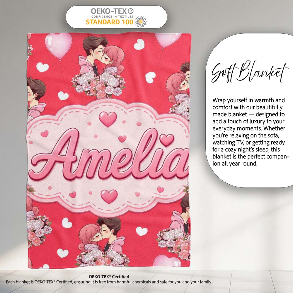 Cute Valentines Couple Kissing Floral Hearts Balloon Red Background Personalised Custom Name Super Soft Fleece Blanket Bed Sofa Throw