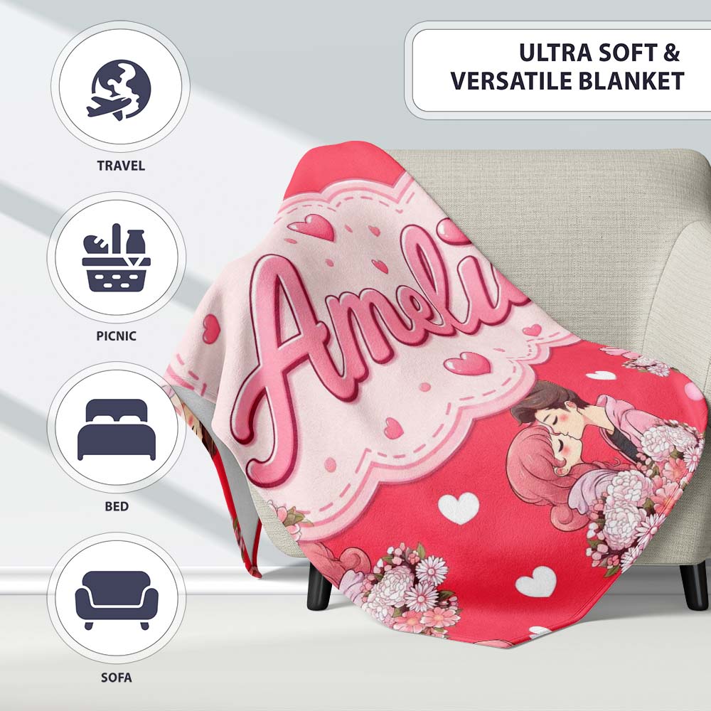 Cute Valentines Couple Kissing Floral Hearts Balloon Red Background Personalised Custom Name Super Soft Fleece Blanket Bed Sofa Throw