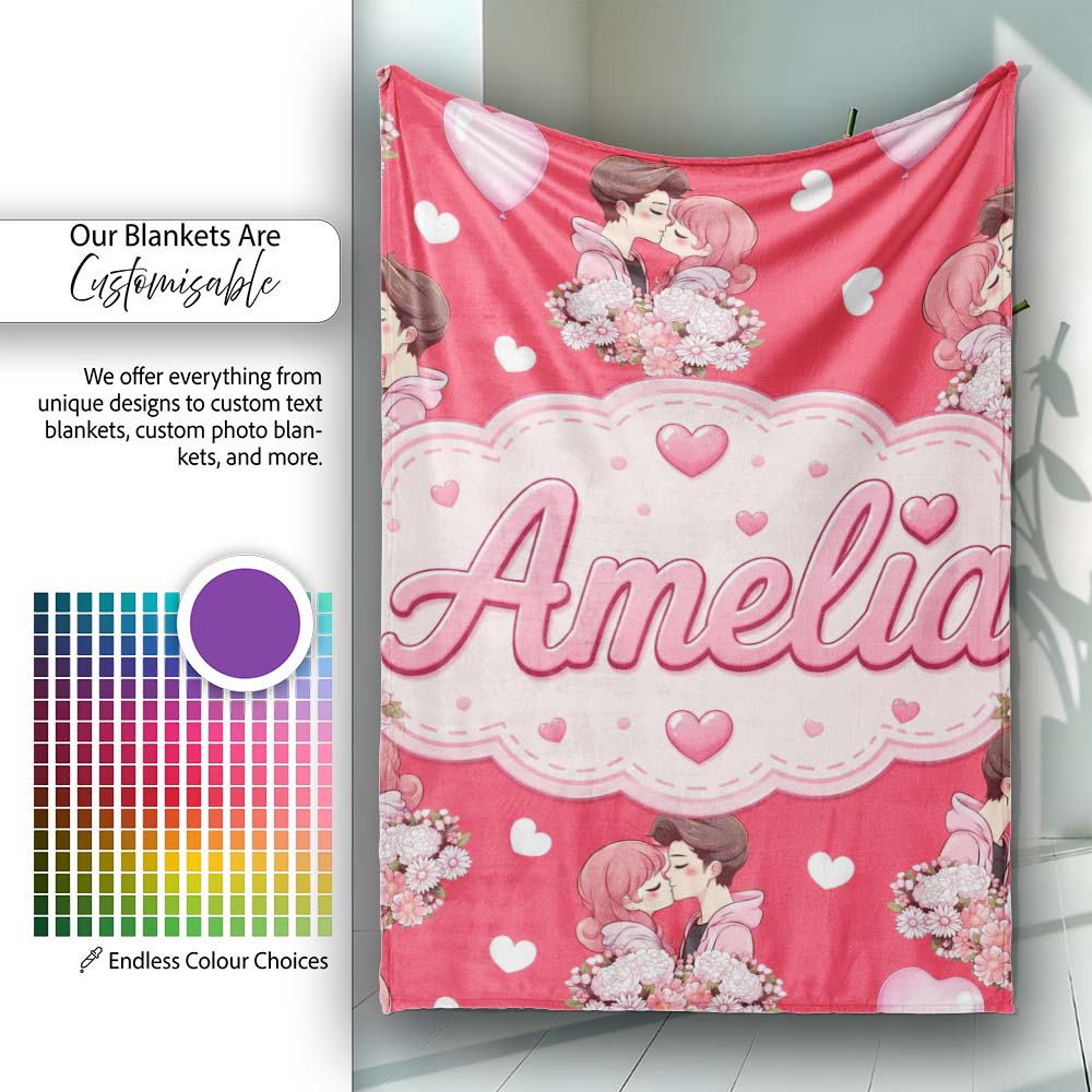 Cute Valentines Couple Kissing Floral Hearts Balloon Red Background Personalised Custom Name Super Soft Fleece Blanket Bed Sofa Throw
