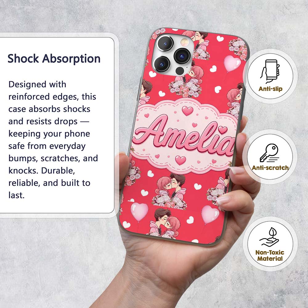Cute Valentines Couple Kissing Floral Hearts Custom Name Protective Phone Case Mobile Cover Durable Everyday Smartphone Shock Resistant