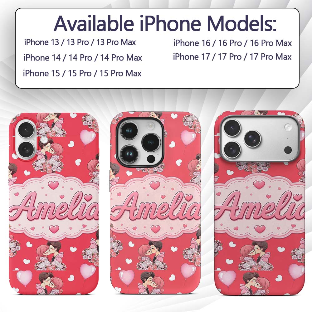 Cute Valentines Couple Kissing Floral Hearts Custom Name Protective Phone Case Mobile Cover Durable Everyday Smartphone Shock Resistant