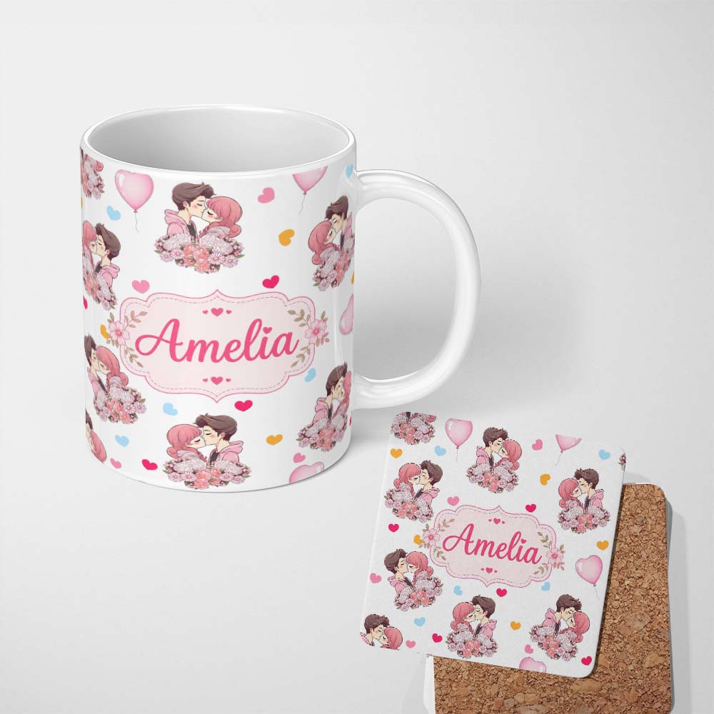 Personalized Custom Name Cute Valentines Couple Kissing Floral Hearts Balloon Grey 11oz Ceramic Coffee Tea Mug White Large Handle