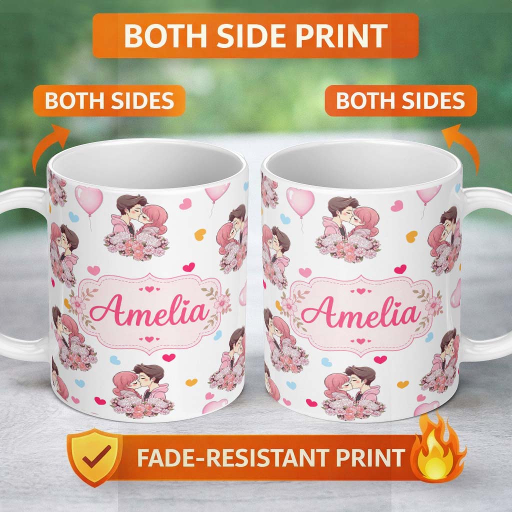 Personalized Custom Name Cute Valentines Couple Kissing Floral Hearts Balloon Grey 11oz Ceramic Coffee Tea Mug White Large Handle