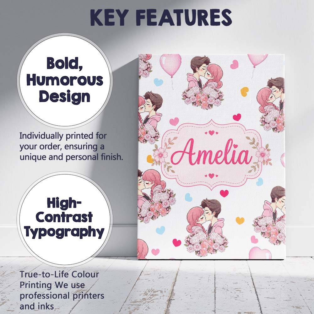 Personalised Name Cute Valentines Couple Custom Unique Gift Idea Elegant Feature Canvas Wall Art Print Decor Picture Ready to Hang