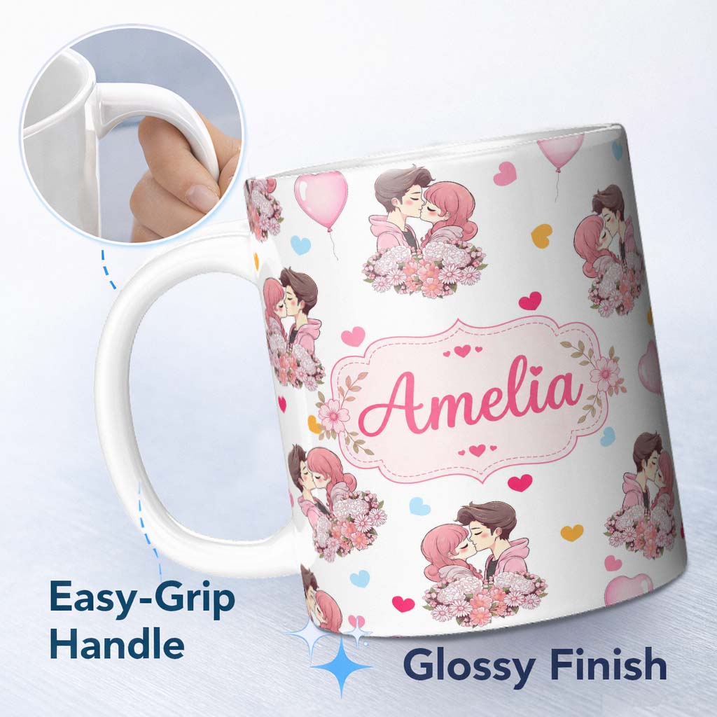 Personalized Custom Name Cute Valentines Couple Kissing Floral Hearts Balloon Grey 11oz Ceramic Coffee Tea Mug White Large Handle