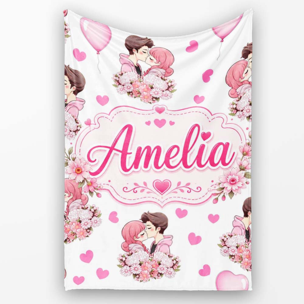 Cute Valentines Couple Kissing Floral Hearts Balloon Light Grey Personalised Custom Name Super Soft Fleece Blanket Bed Sofa Throw