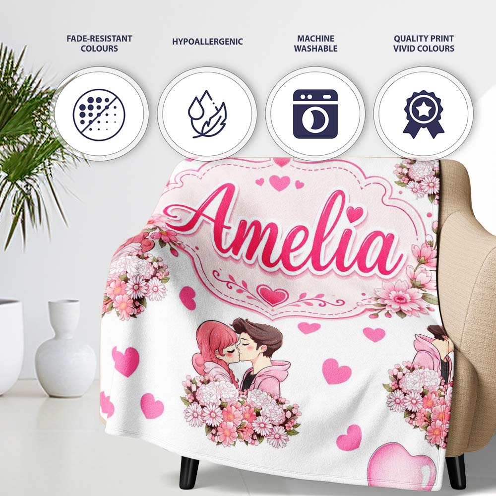 Cute Valentines Couple Kissing Floral Hearts Balloon Light Grey Personalised Custom Name Super Soft Fleece Blanket Bed Sofa Throw