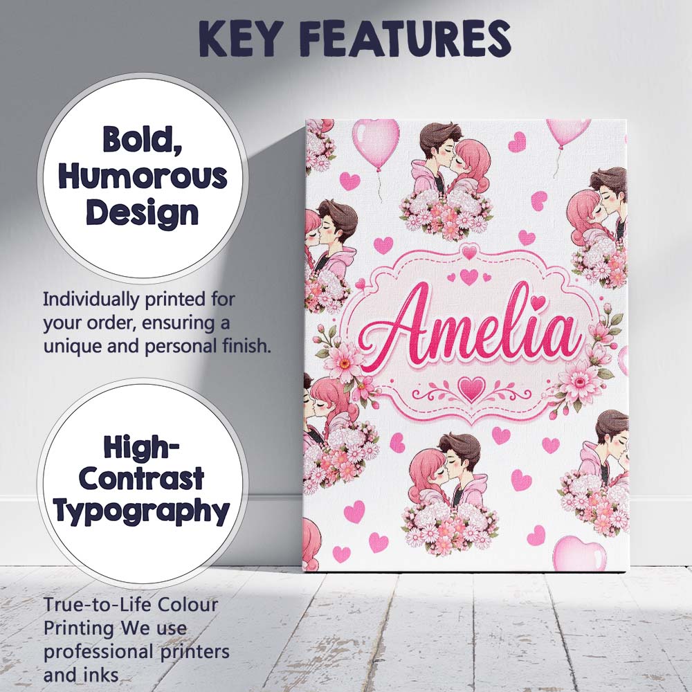 Personalised Name Cute Valentines Couple Custom Unique Gift Idea Elegant Feature Canvas Wall Art Print Decor Picture Ready to Hang