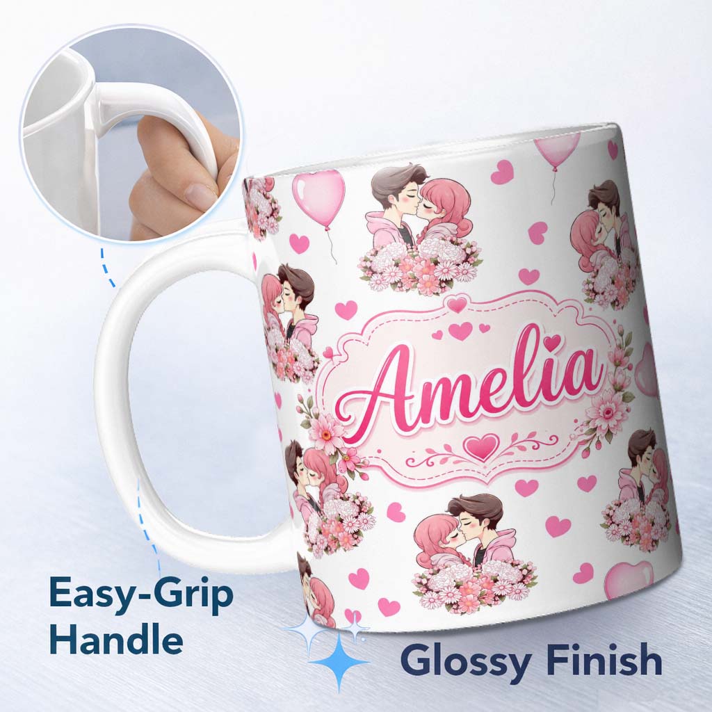 Personalized Custom Name Cute Valentines Couple Kissing Floral Hearts Balloon Light Grey 11oz Ceramic Coffee Tea Mug White Large Handle