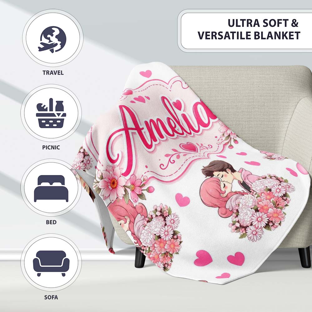 Cute Valentines Couple Kissing Floral Hearts Balloon Light Grey Personalised Custom Name Super Soft Fleece Blanket Bed Sofa Throw