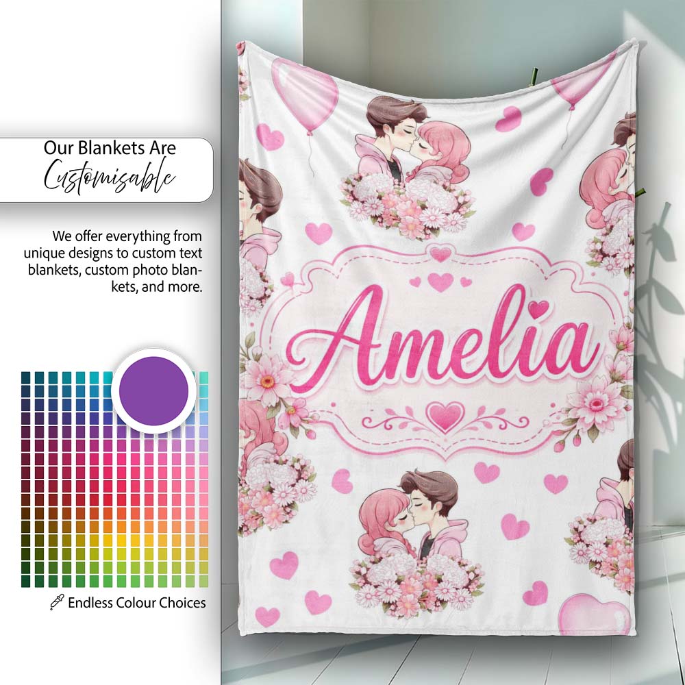 Cute Valentines Couple Kissing Floral Hearts Balloon Light Grey Personalised Custom Name Super Soft Fleece Blanket Bed Sofa Throw