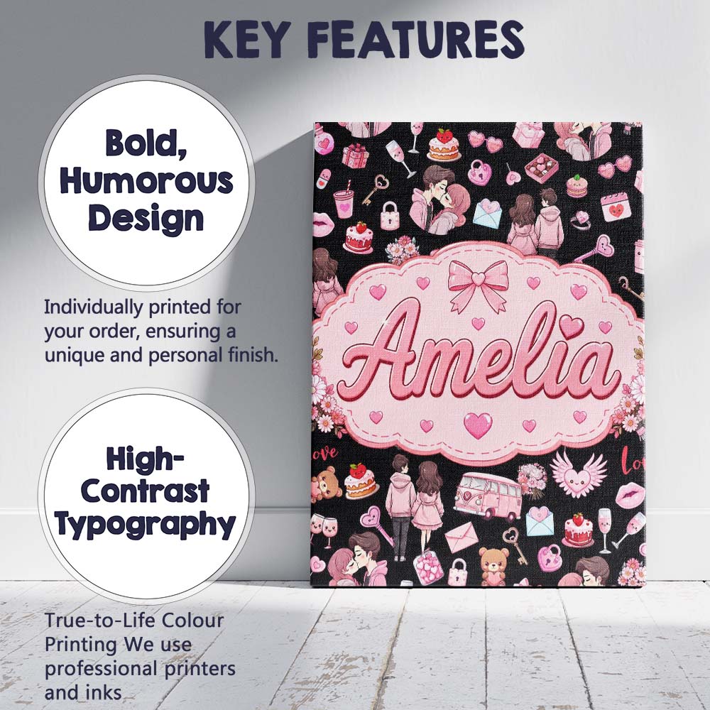 Personalised Name Cute Valentines Couple Custom Unique Gift Idea Elegant Feature Canvas Wall Art Print Decor Picture Ready to Hang