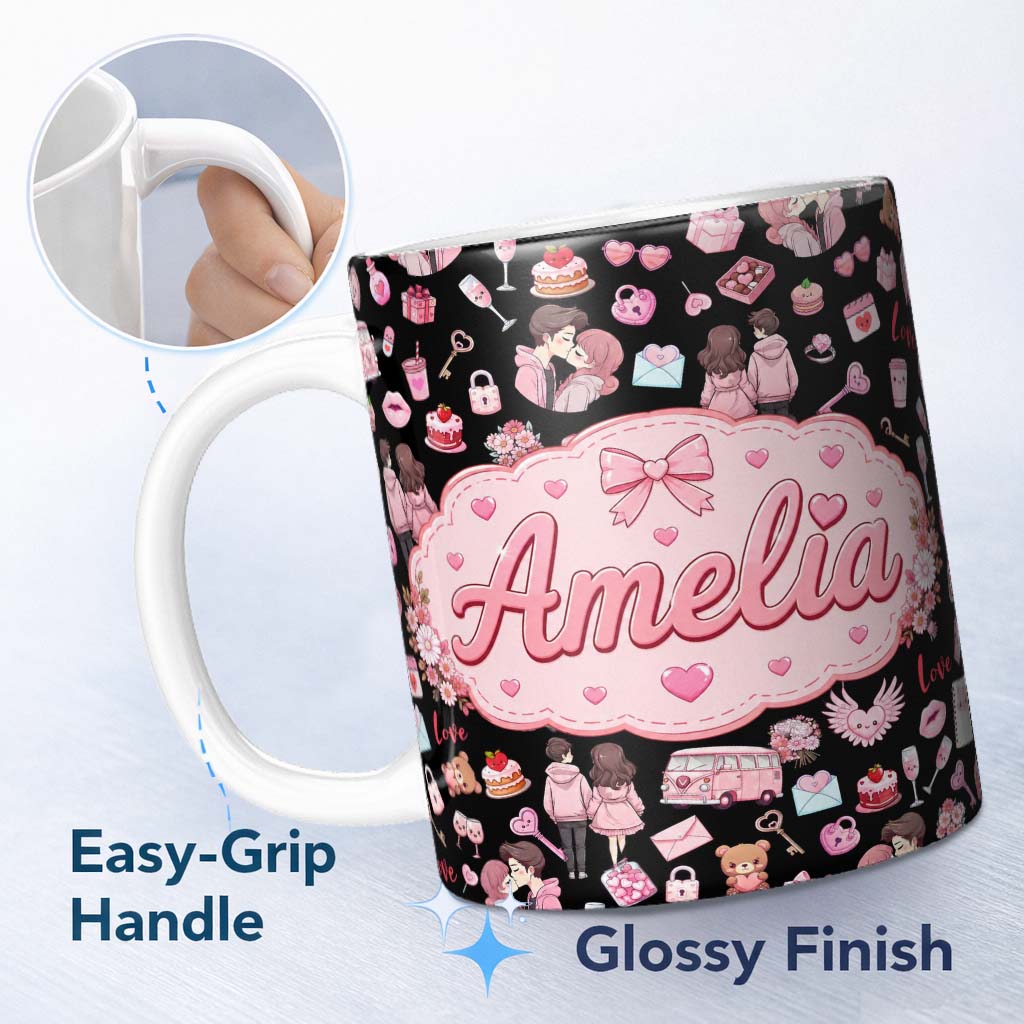 Personalized Custom Name Cute Valentines Couple Love Gifts Hearts Black Background Seamless 11oz Ceramic Coffee Tea Mug White Large Handle