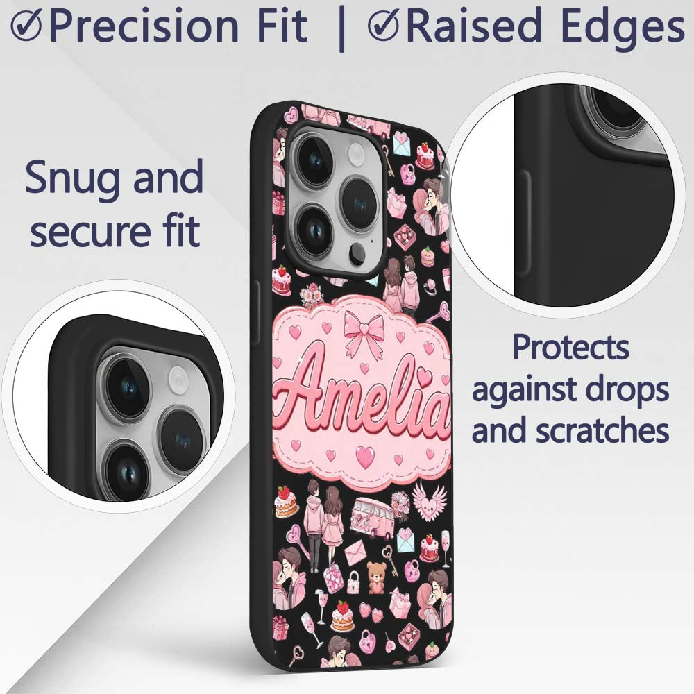 Cute Valentines Couple Love Gifts Hearts Black Custom Name Protective Phone Case Mobile Cover Durable Everyday Smartphone Shock Resistant