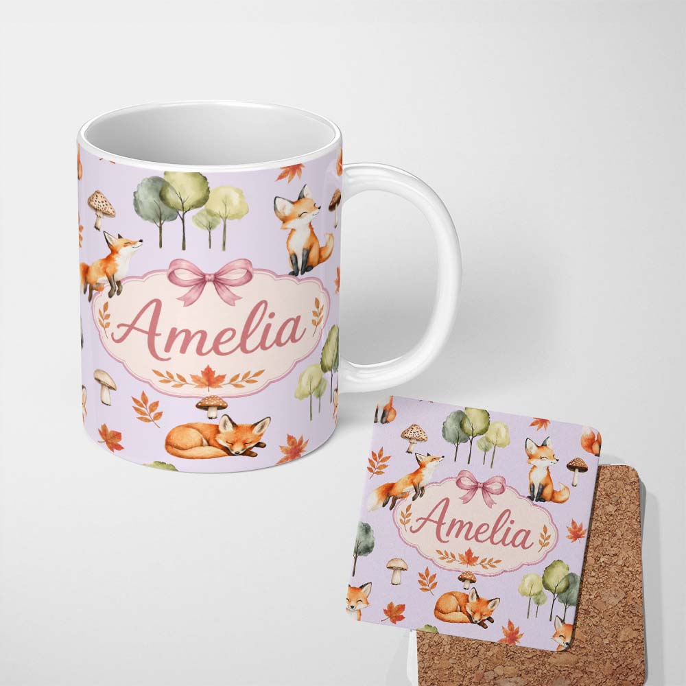 Personalized Custom Name Watercolor Woodland Fox Mushroom Autumn on Soft Lavender Background 11oz Ceramic Coffee Tea Mug White Large Handle