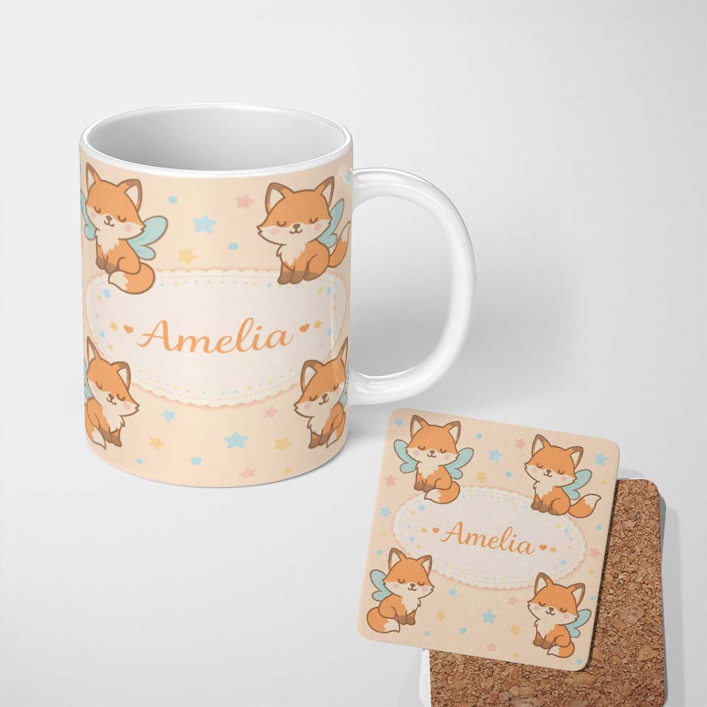 Personalized Custom Name Cute Fairy Fox Cartoon Animal Pattern Cute Unique Gift Lovely 11oz Ceramic Coffee Tea Mug White Large Handle