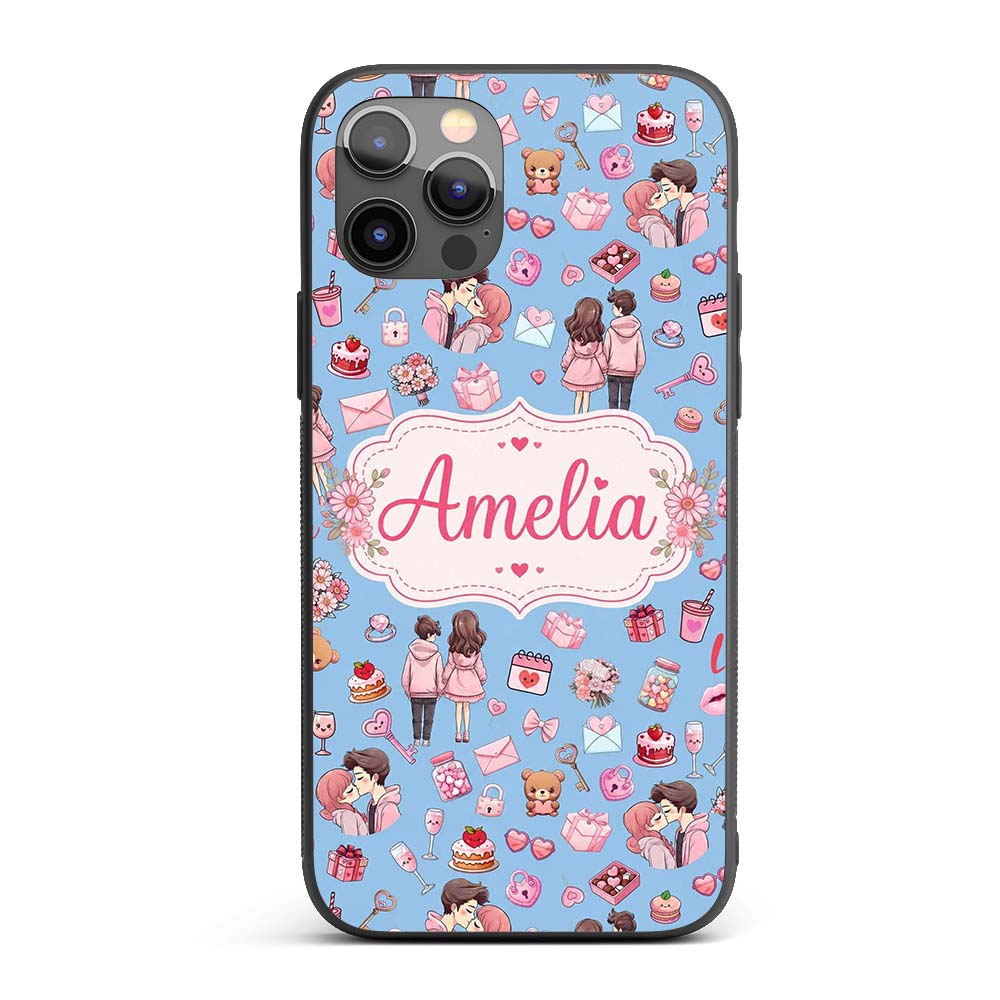 Cute Valentines Couple Love Gifts Hearts Blue Custom Name Protective Phone Case Mobile Cover Durable Everyday Smartphone Shock Resistant