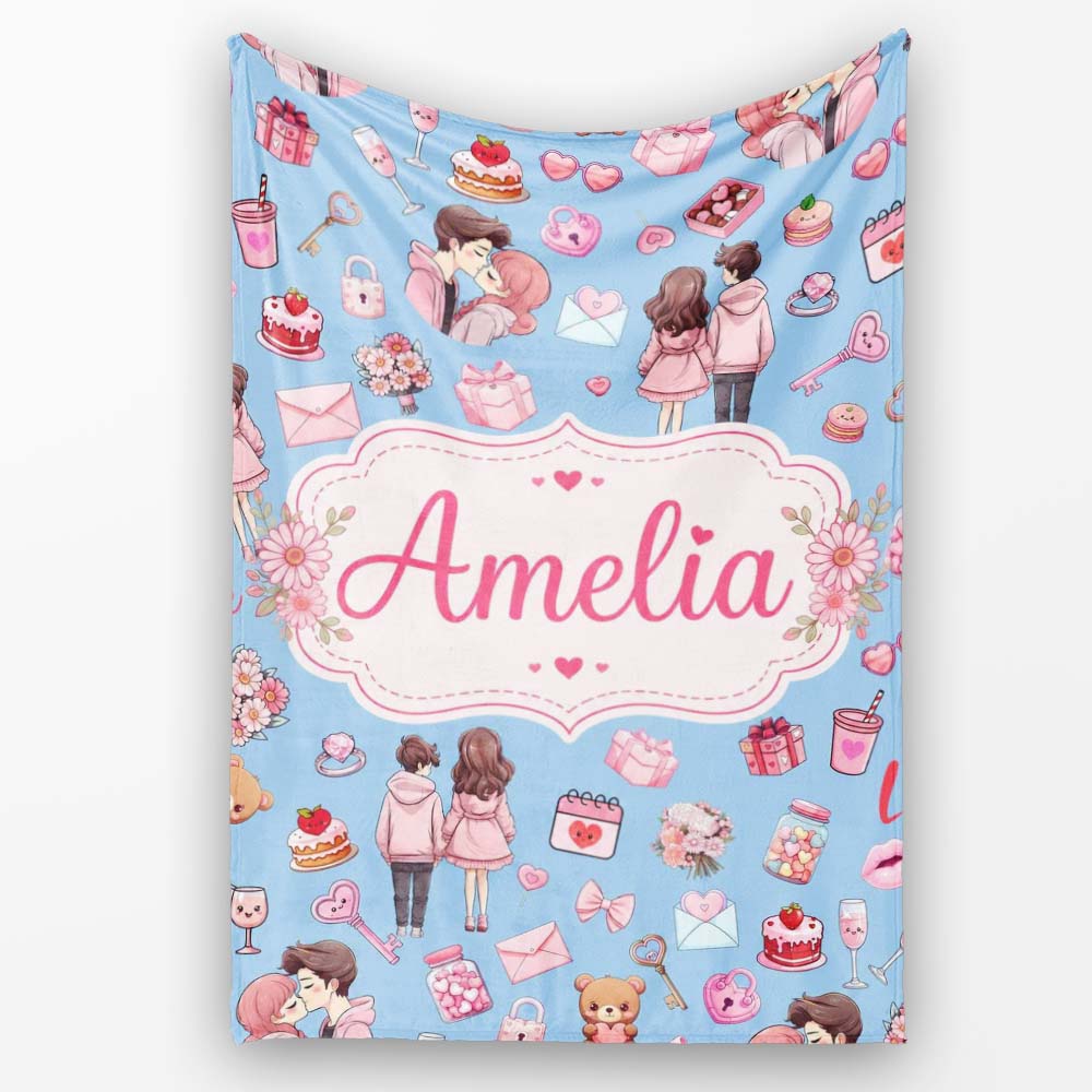 Cute Valentines Couple Love Gifts Hearts Blue Background Seamless Personalised Custom Name Super Soft Fleece Blanket Bed Sofa Throw