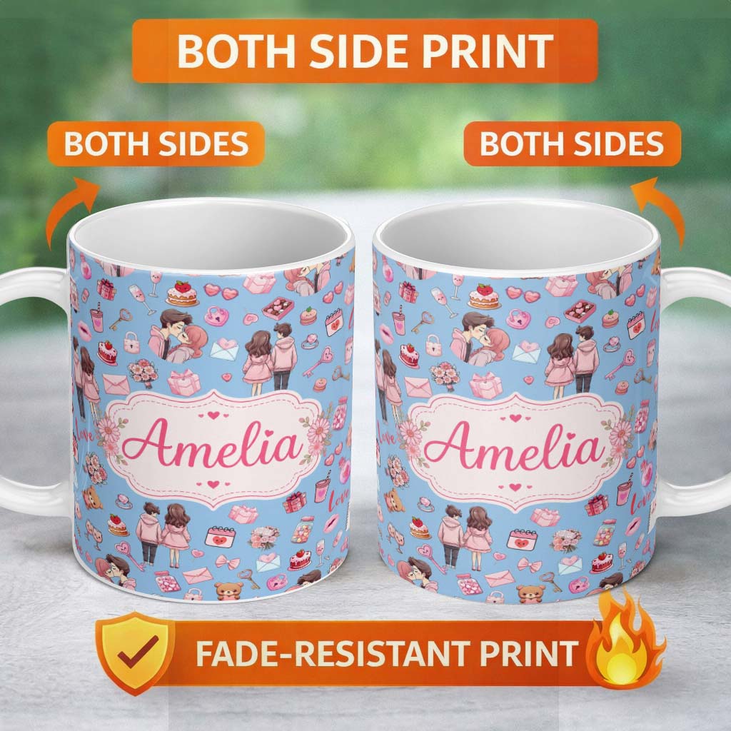 Personalized Custom Name Cute Valentines Couple Love Gifts Hearts Blue Background Seamless 11oz Ceramic Coffee Tea Mug White Large Handle