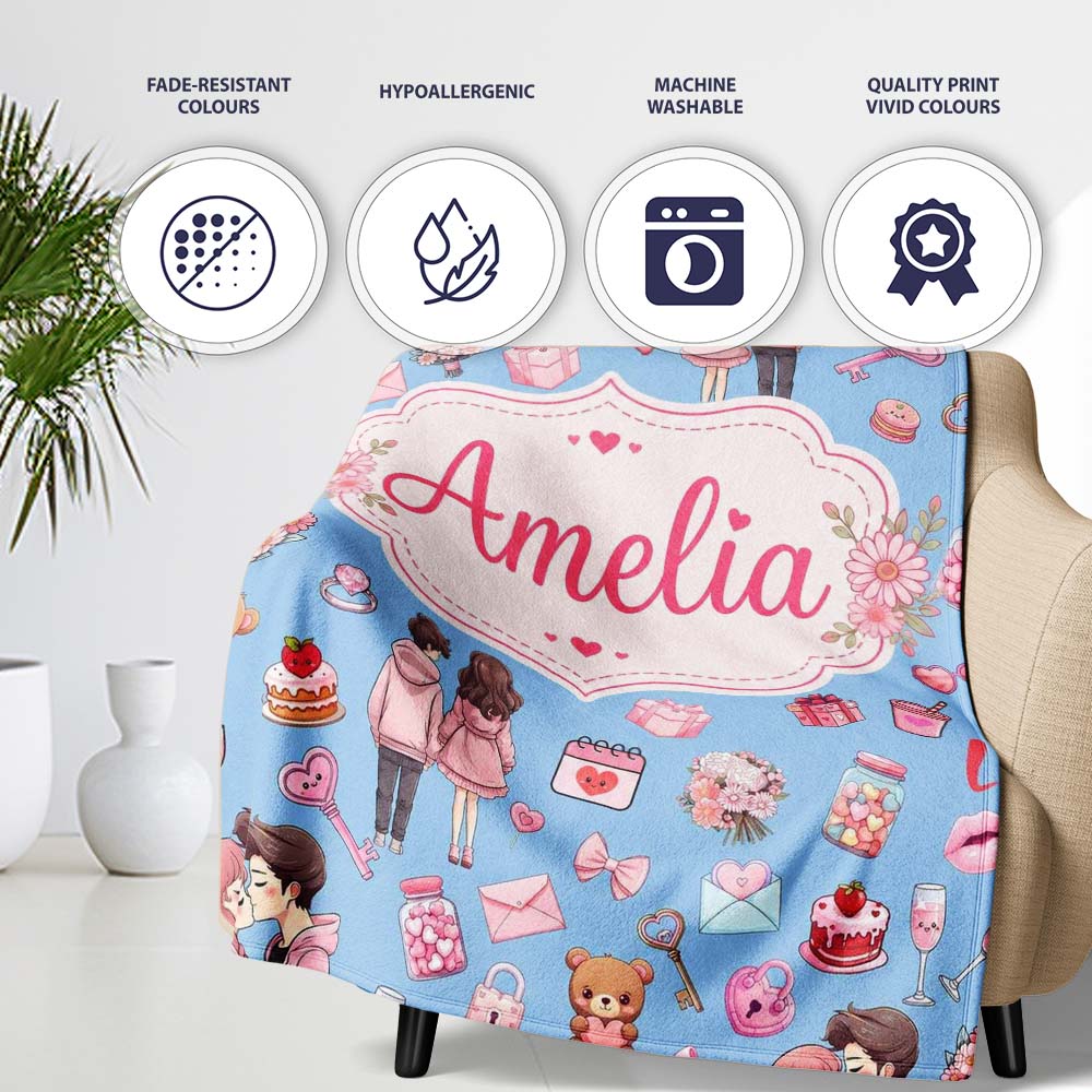 Cute Valentines Couple Love Gifts Hearts Blue Background Seamless Personalised Custom Name Super Soft Fleece Blanket Bed Sofa Throw