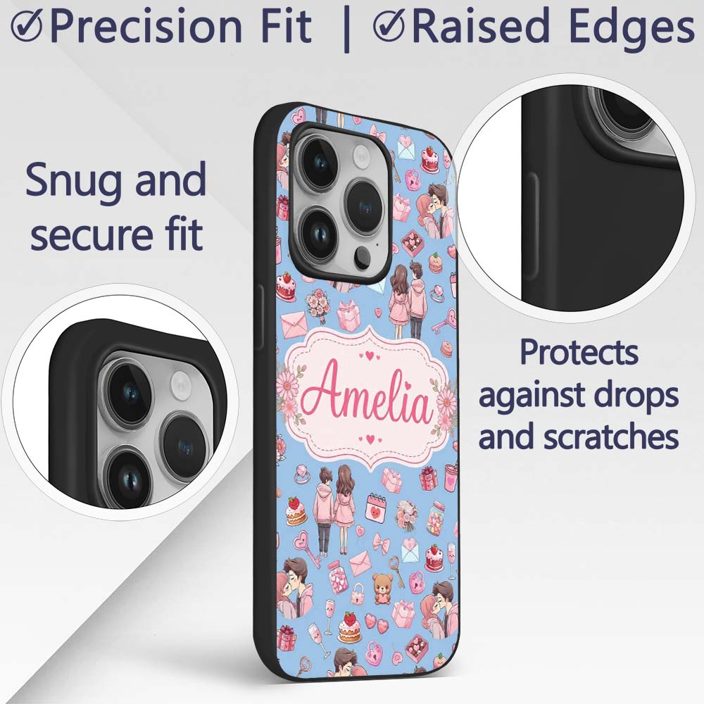 Cute Valentines Couple Love Gifts Hearts Blue Custom Name Protective Phone Case Mobile Cover Durable Everyday Smartphone Shock Resistant