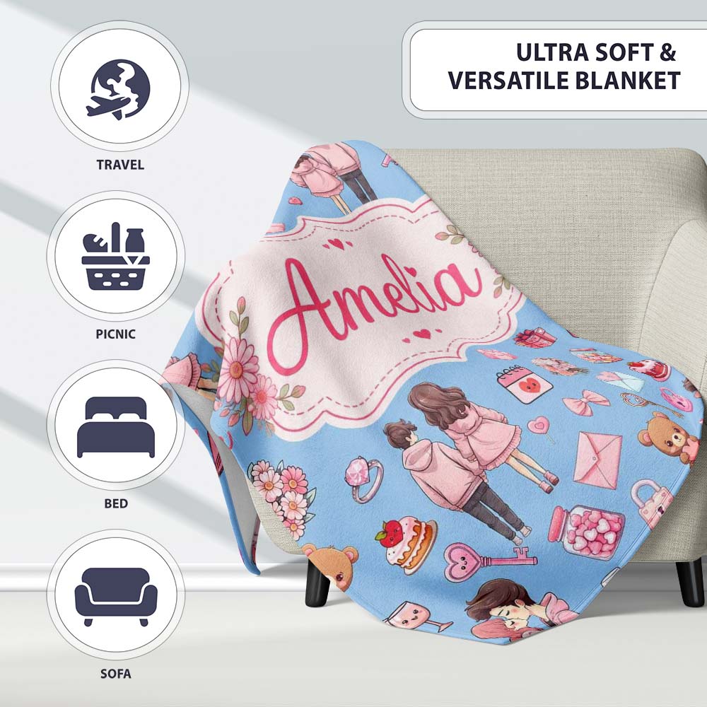 Cute Valentines Couple Love Gifts Hearts Blue Background Seamless Personalised Custom Name Super Soft Fleece Blanket Bed Sofa Throw