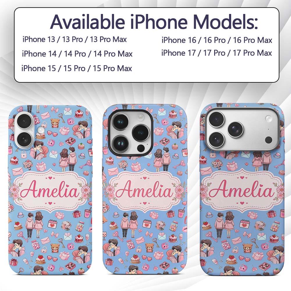 Cute Valentines Couple Love Gifts Hearts Blue Custom Name Protective Phone Case Mobile Cover Durable Everyday Smartphone Shock Resistant