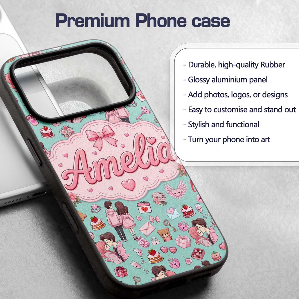 Cute Valentines Couple Love Gifts Hearts Mint Custom Name Protective Phone Case Mobile Cover Durable Everyday Smartphone Shock Resistant