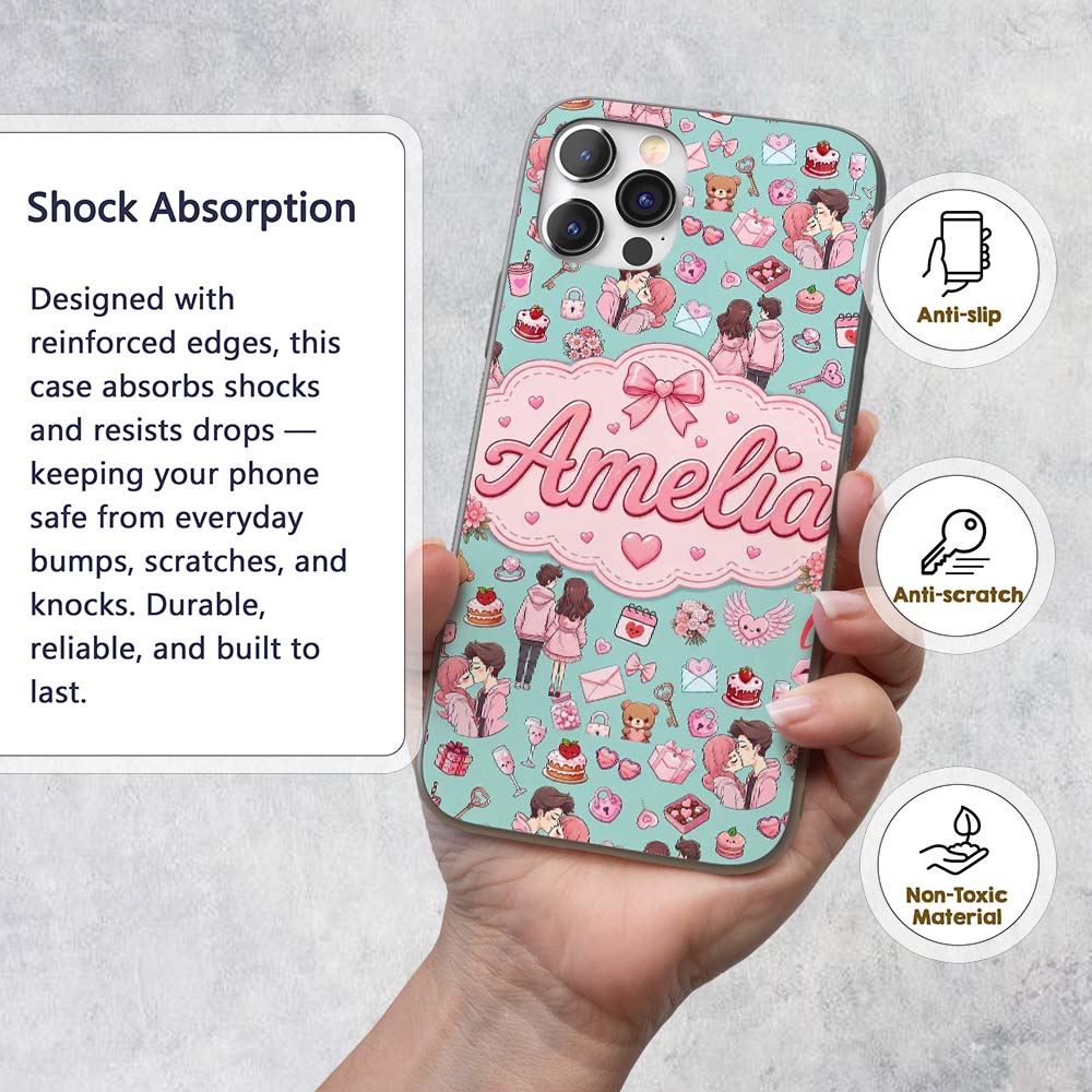 Cute Valentines Couple Love Gifts Hearts Mint Custom Name Protective Phone Case Mobile Cover Durable Everyday Smartphone Shock Resistant