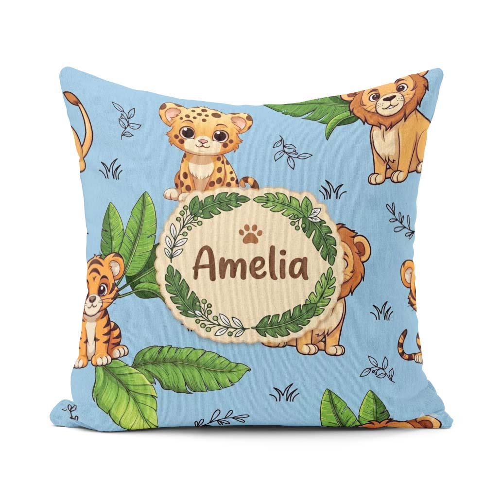 Custom Name Jungle Animals Light Background Seamless Pattern Square Filled Cushion Throw Pillow Sofa Bed Home Decor Zip Washable UK Made