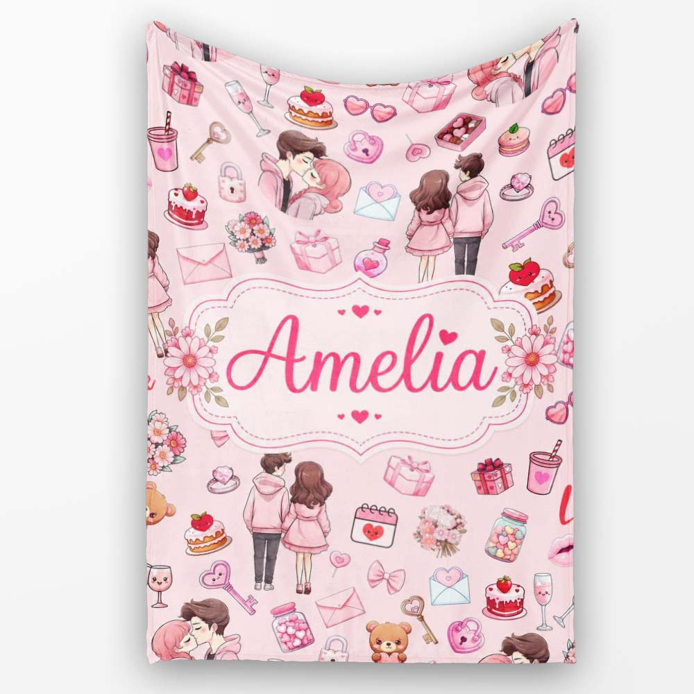Cute Valentines Couple Love Gifts Light Pink Background Seamless Personalised Custom Name Super Soft Fleece Blanket Bed Sofa Throw