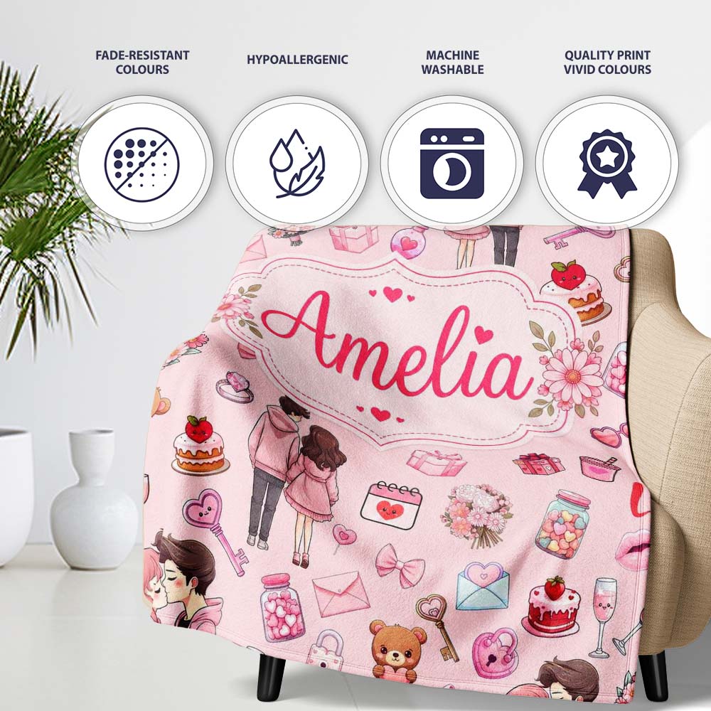 Cute Valentines Couple Love Gifts Light Pink Background Seamless Personalised Custom Name Super Soft Fleece Blanket Bed Sofa Throw