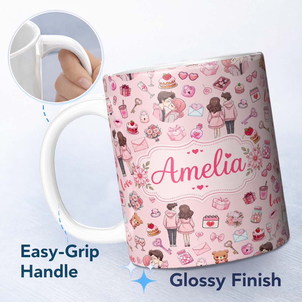 Personalized Custom Name Cute Valentines Couple Love Gifts Light Pink Background Seamless 11oz Ceramic Coffee Tea Mug White Large Handle