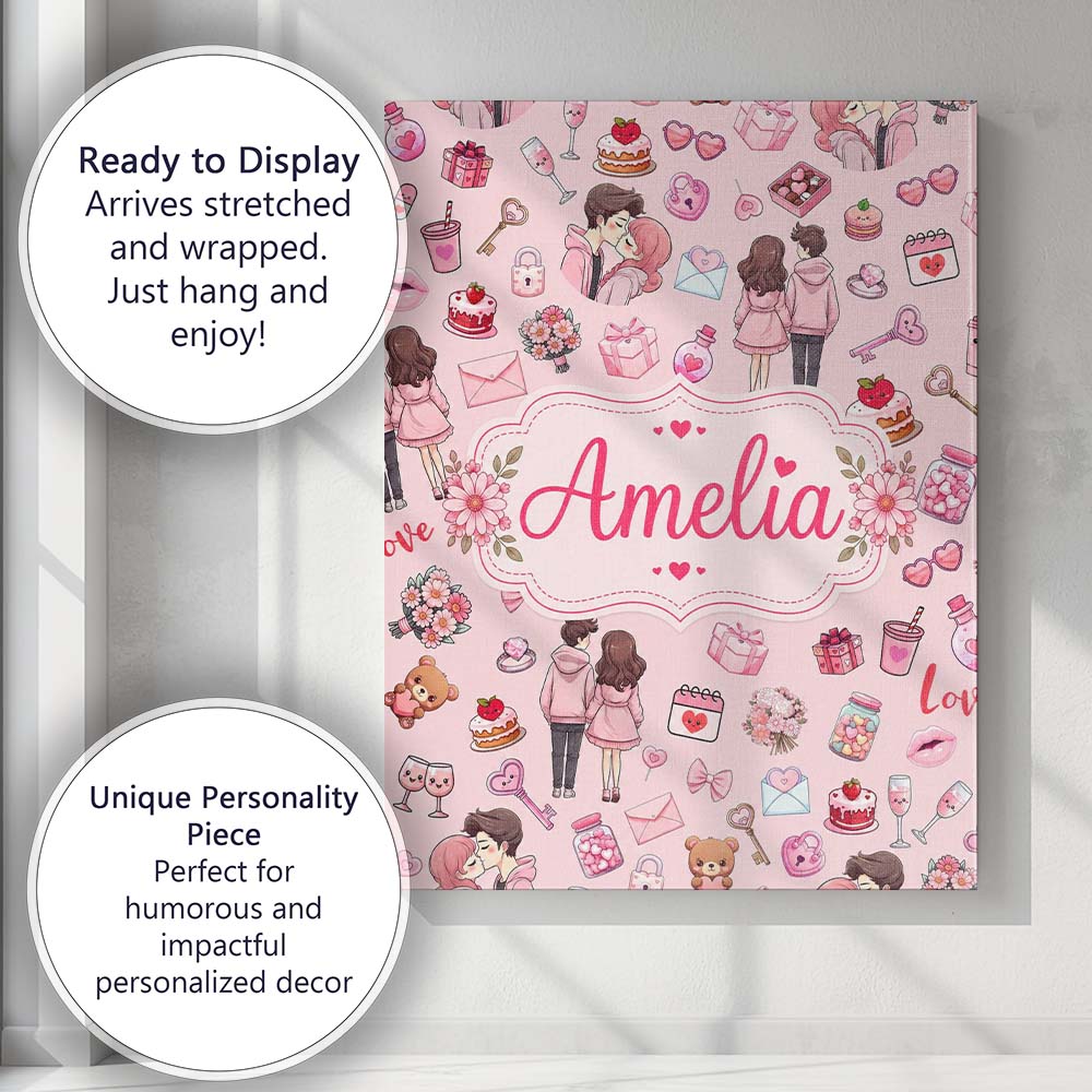 Personalised Name Cute Valentines Couple Custom Unique Gift Idea Elegant Feature Canvas Wall Art Print Decor Picture Ready to Hang