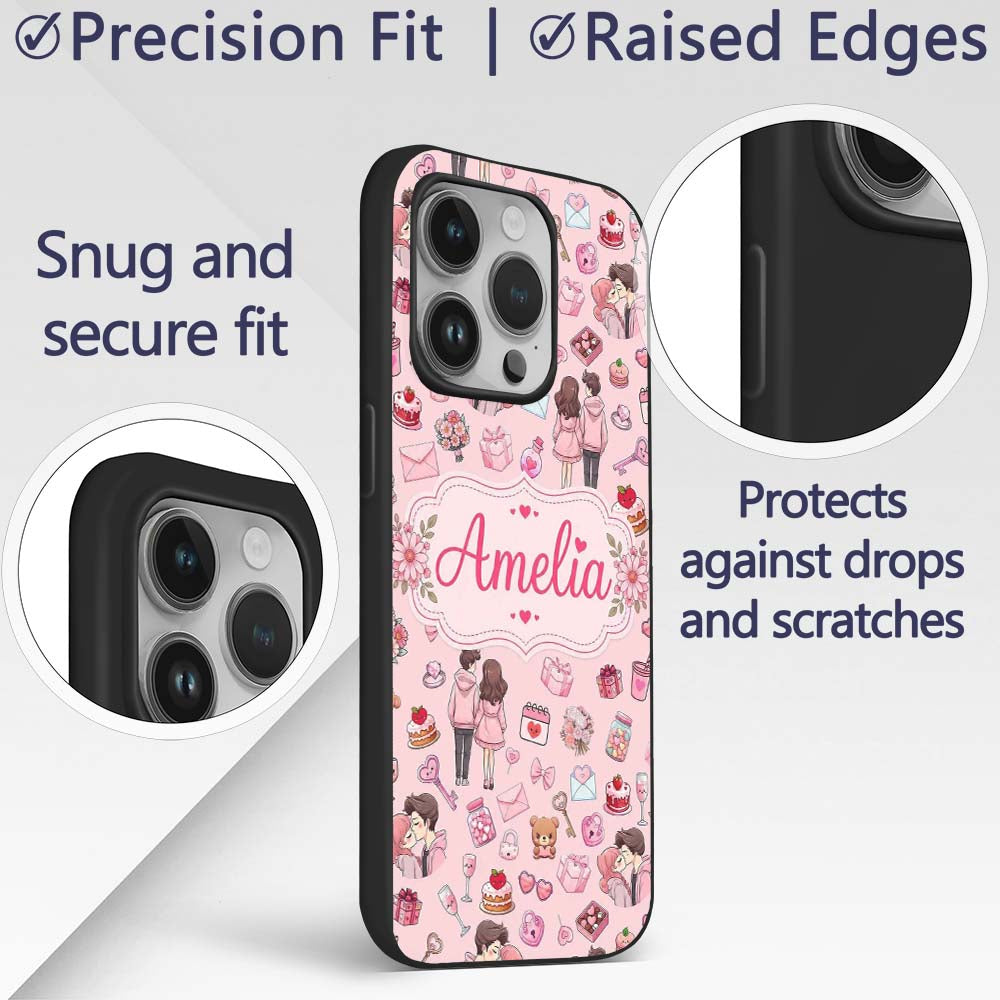 Cute Valentines Couple Love Gifts Light Pink Custom Name Protective Phone Case Mobile Cover Durable Everyday Smartphone Shock Resistant