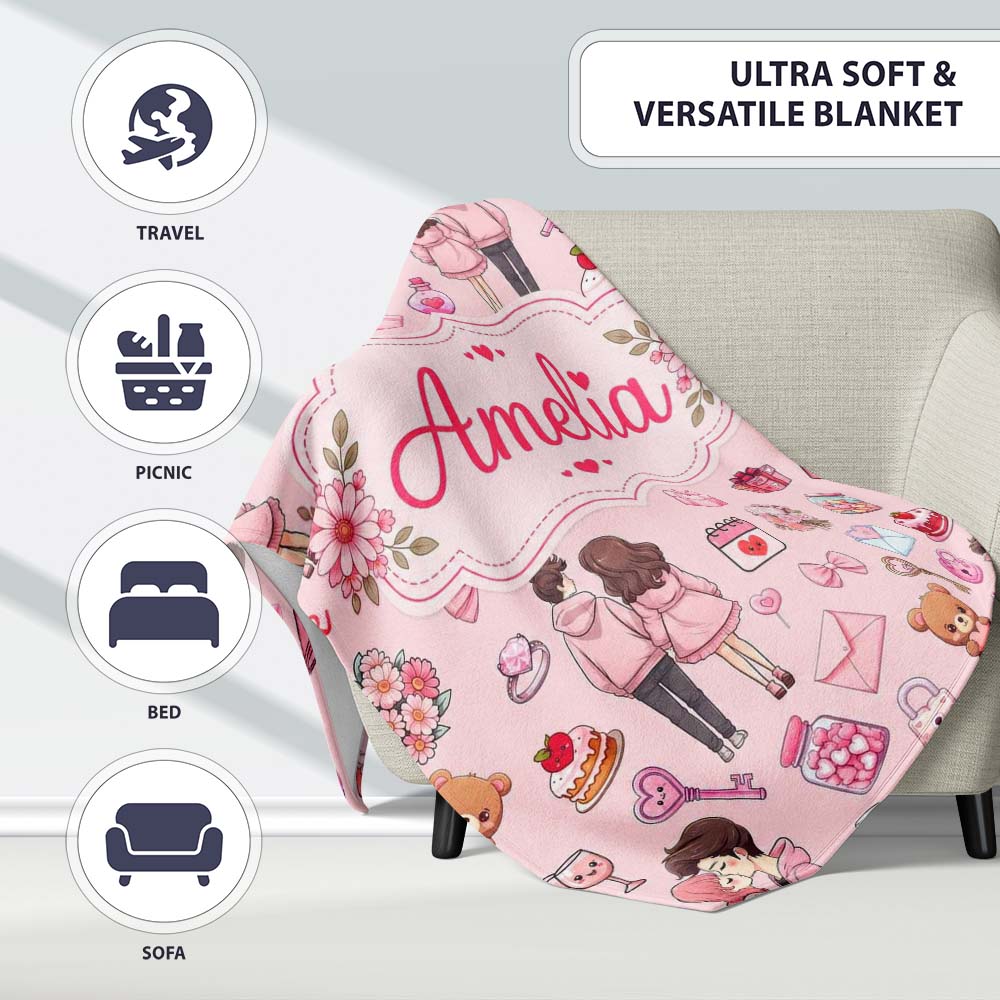 Cute Valentines Couple Love Gifts Light Pink Background Seamless Personalised Custom Name Super Soft Fleece Blanket Bed Sofa Throw